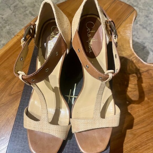 Cole Haan "Straw" Ankle Strap Heel, Brown/ Beige, Size 9M - Picture 1 of 3